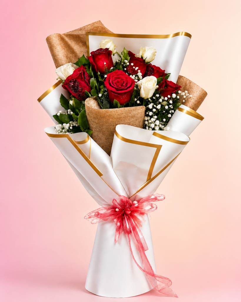 Red and white anniversary flower bouquet in Chennai