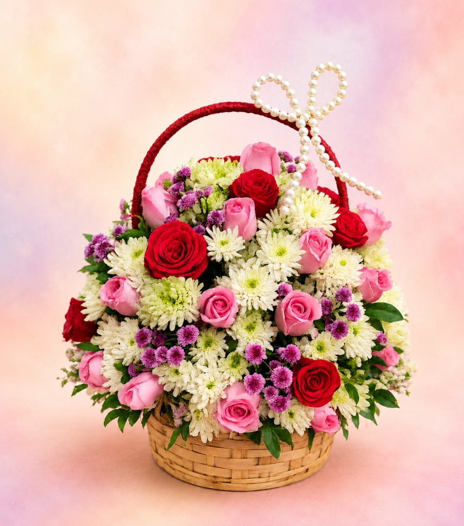 Colourful flower basket with fresh mixed flowers