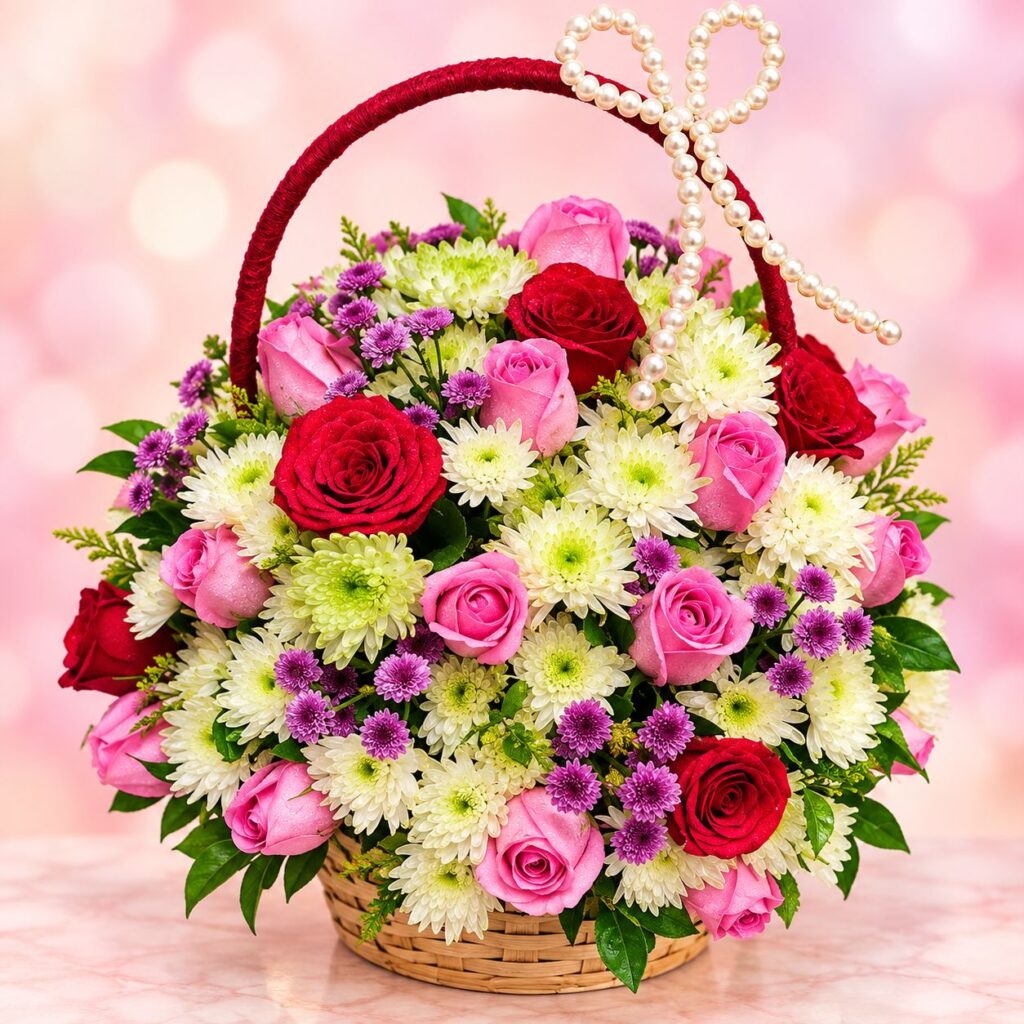 Colourful flower basket with fresh mixed flowers