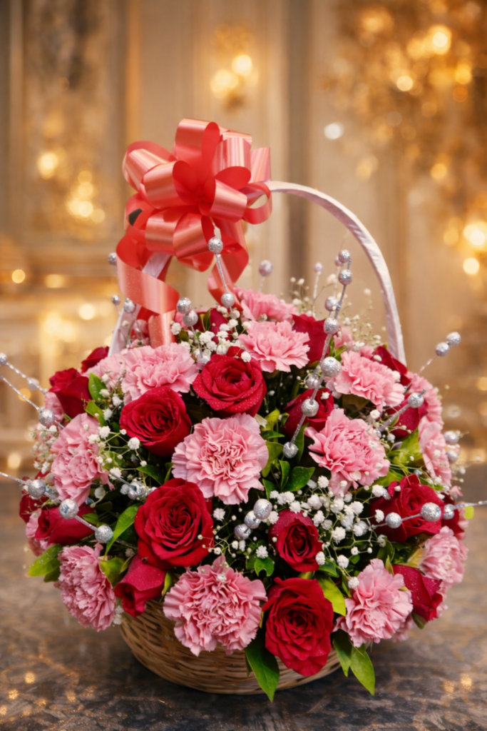 Birthday flower basket with red and pink flowers in Chennai
