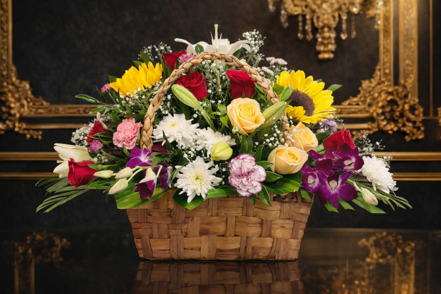 Colourful flower basket with fresh mixed flowers