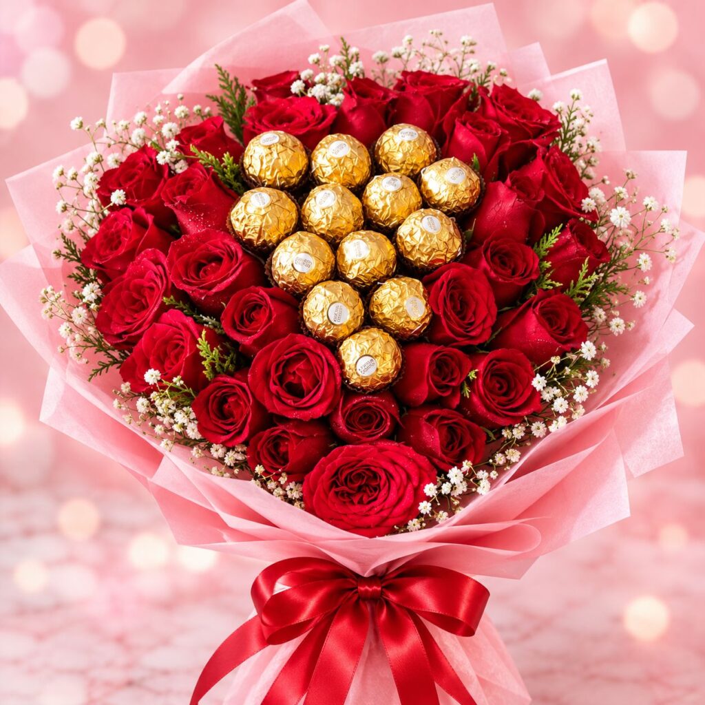 Red rose bouquet with Ferrero Rocher chocolates wrapped in pink paper