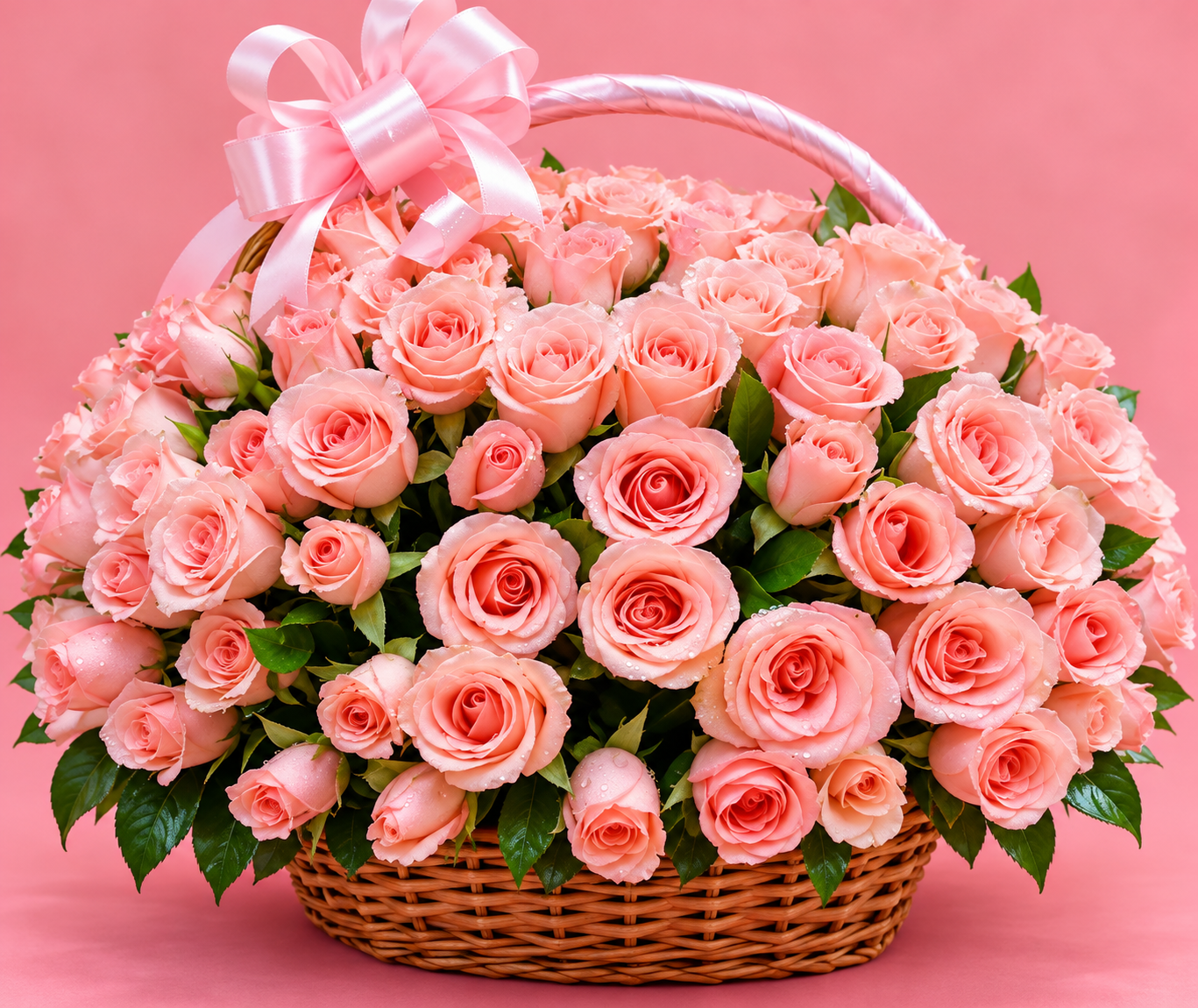 Round pink rose bouquet with greenery and pink ribbon