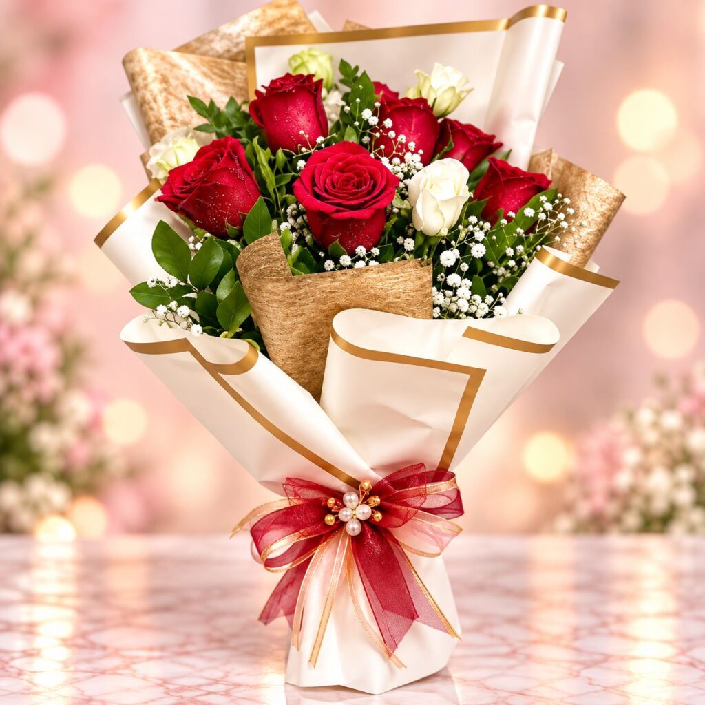 Red and white anniversary flower bouquet in Chennai